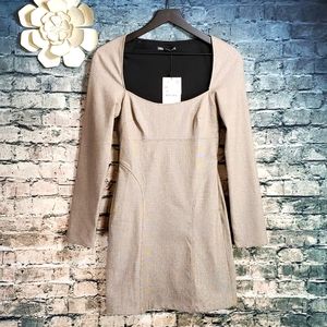 Zara | Preppy Micro-Check Fitted Tan and Black Career Wear Dress